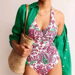 Sz 8 Boden Levanzo Pink Paisley Halter Swimsuit White Multi Fantastical